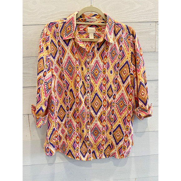 Chicos Shirt Womens Size Medium 100% Linen Coastal Casual Multicolor Button Up - Picture 12 of 13